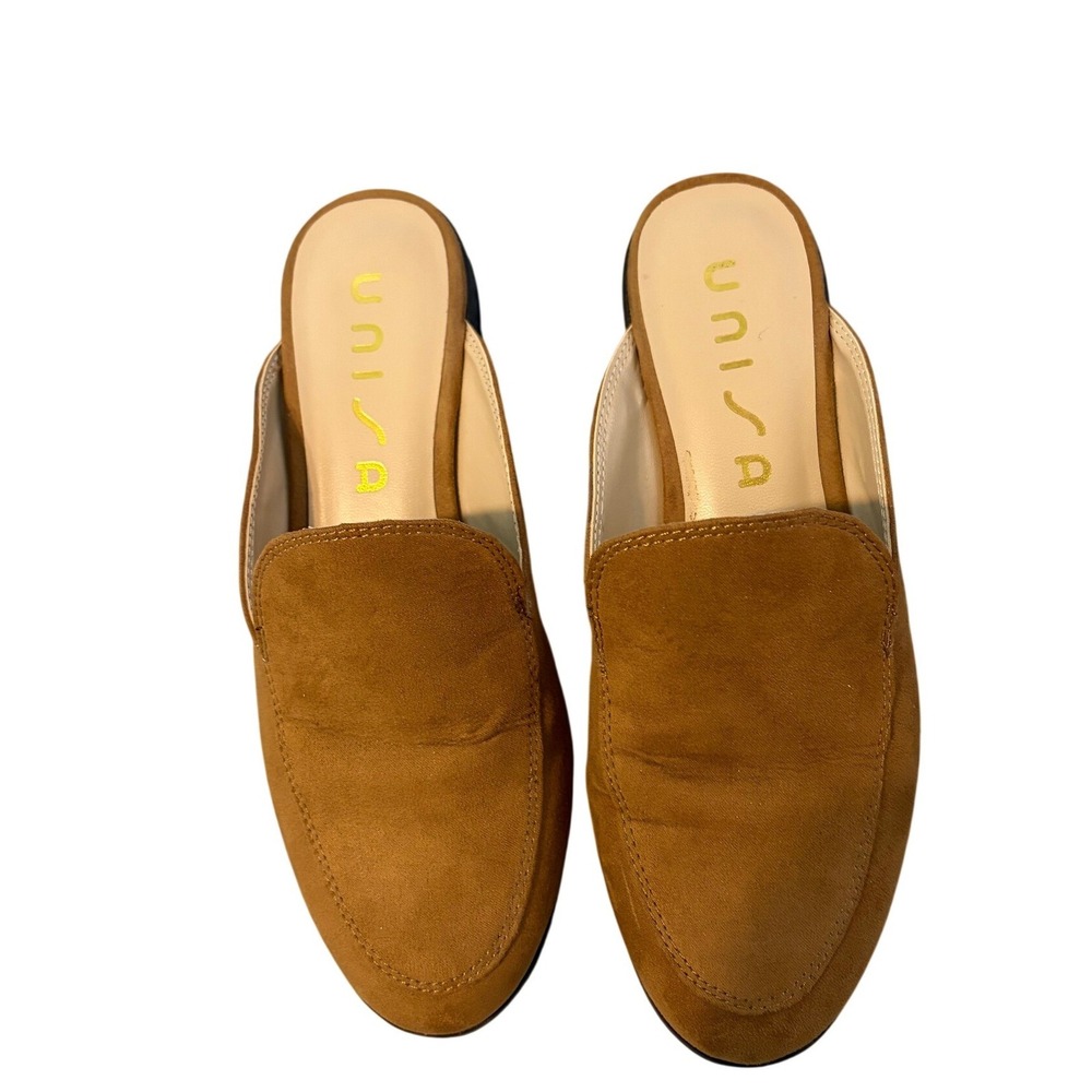 Unisa Women Tan Faux Suede Flat Slides Size 6M Brown Slip On Old Money Academia
